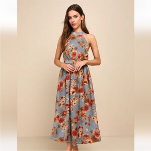 Charming Vision Blue Floral Swiss Dot Lurex
Halter Midi Dress - Lulu's